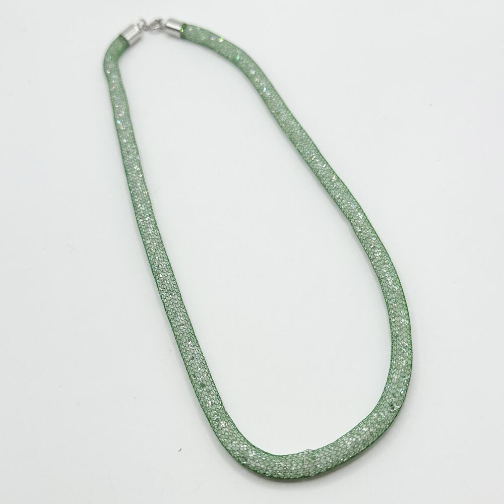 Green Mesh Necklace Aurora Borealis Crystals Silver clasp 925 Beachy Jewelry